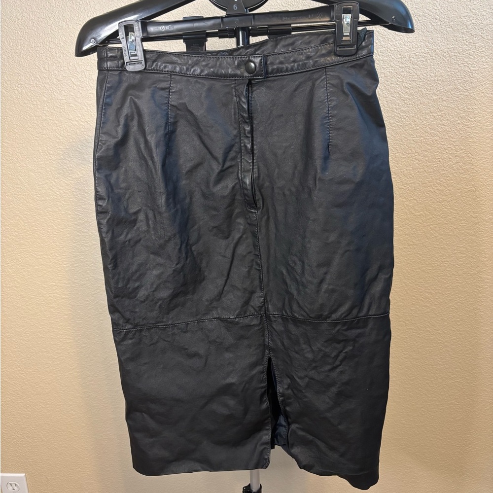 Comint Genuine Leather Black Midi Pencil‎ Skirt Front Slit Argentina 13 US Small